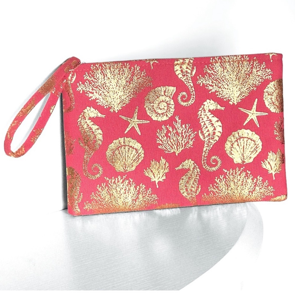 SEA LIFE CORAL & METALLIC GOLD FOIL PRINT CLUTCH WRISTLET